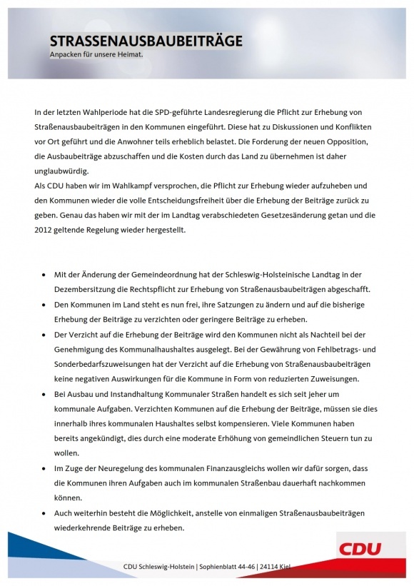 Die Aussagen der CDU Schleswig-Holstein zu den Straßenausbaubeiträgen